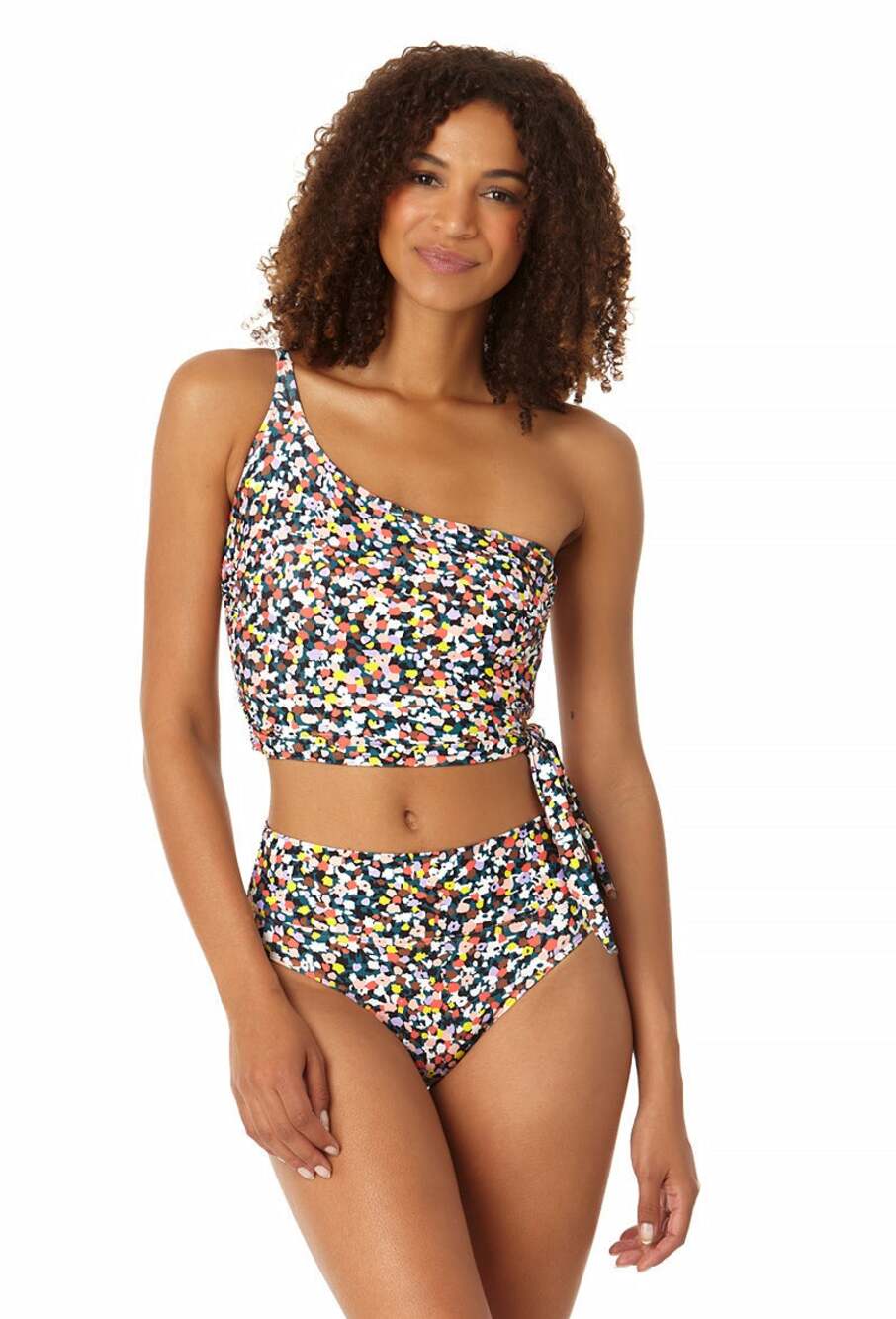 Anne Cole Confetti Multicolor Print One Shoulder Side Tie Bikini Swimsuit Top M